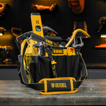 Переноска для инструмента, 260х240х300 мм, 22 кармана, наплечный ремень Denzel цена