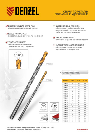 Сверло спиральное по металлу 6,5 х 148 мм, Р6М5, Golden Tip, удлиненное Denzel