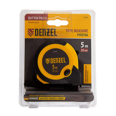 Рулетка 5м х 25мм, двухкомп. корпус, кнопка-пауза Denzel цена