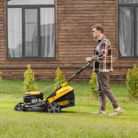 Газонокосилка бензиновая GLD-460SP, 146 куб.см, ширина 46 см, привод 7 уровней, травосборник 50 л Denzel цена
