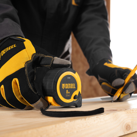 Рулетка 8м х 25мм, двухкомп. корпус, кнопка-пауза Denzel цена