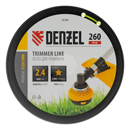 Леска для триммера звезда, 2,4мм х 260м, на DIN катушке FLEX CORD Denzel цена
