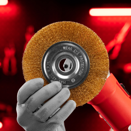 Щетка для УШМ, 150 мм, посадка 22.2 мм, плоская, латунированная витая проволока Matrix