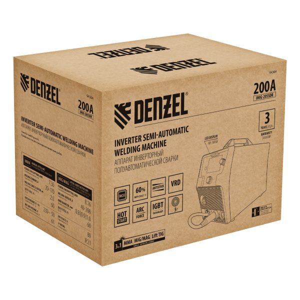 Аппарат инвертор. полуавтомат. cварки IMIG-205SDR, 200 А, ПВ 60%, катушка 5 кг Denzel