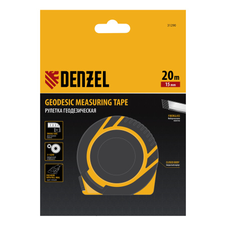 Рулетка геодезическая 20 м х 15 мм, закрытый корпус, фиберглассовая лента Denzel цена