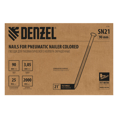 Гвозди для пнев. нейлера (крашен.) длина - 90 мм, диам. - 3,05 мм, 2000 шт. Denzel цена