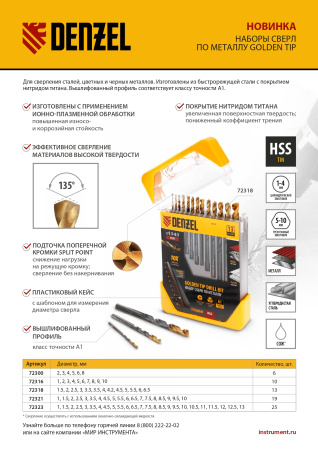 Набор сверл по металлу, 1-10 мм, HSS-Tin, Golden Tip, 10 шт Denzel