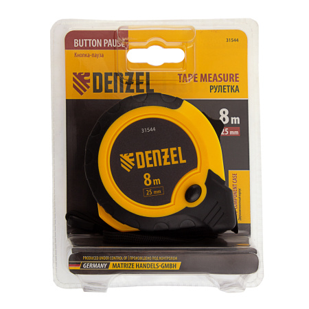 Рулетка 8м х 25мм, двухкомп. корпус, кнопка-пауза Denzel цена