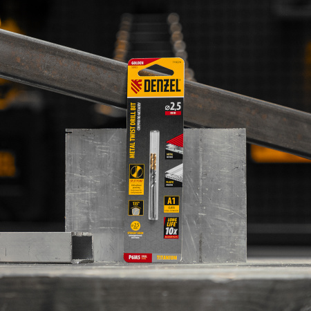 Сверло спиральное по металлу 2,5 x 57 мм, Р6М5, Golden Tip , 2шт. Denzel