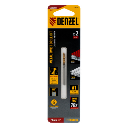 Сверло спиральное по металлу 2 x 49 мм, Р6М5, Golden Tip , 2шт. Denzel