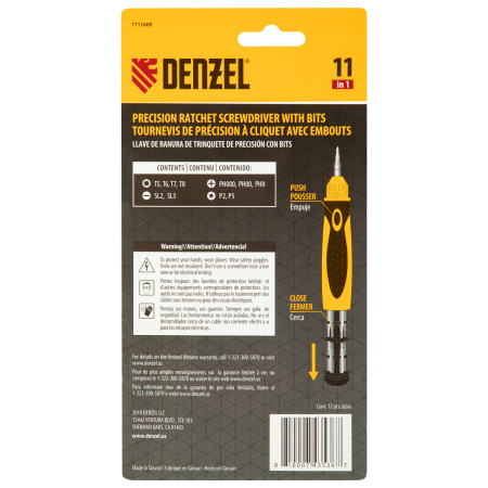 Отвертка реверсивная, механизм SmartPush mini 11 шт, CrMo Denzel