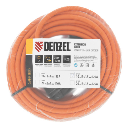 Удлинитель-шнур силовой Garden Series, ПВС, 10м, 1 розетка 3 x 1,5 мм, Denzel цена