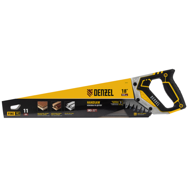 Ножовка по дереву, 450 мм, 11 TPI, зуб 3D, металлопластиковая рукоятка Denzel цена