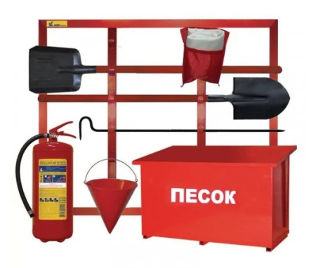 Укомплектованный открытый пожарный щит 1500х1000 ЩПО-В (щит, лом, ПП-600, лопата х2, ведро, оп-4, ящик для песка 0,5м3)