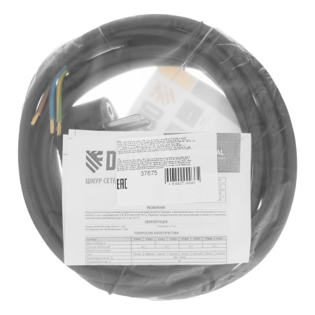 Шнур сетевой Energy Series, ПВС, 3 м, 3 x 1,5 мм, с неразборной вилкой, черный, Denzel цена