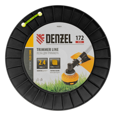 Леска для триммера зубчатый квадрат, 2,4мм х 172м, на DIN катушке FLEX CORD Denzel цена