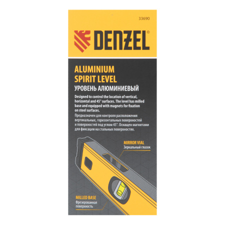 Уровень алюминиевый, магнит., фрезерованный, 3 глазка (1 зеркал.) 0,5 мм/м, 400 мм Denzel цена
