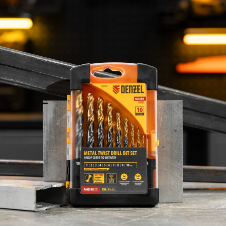 Набор сверл по металлу, 1-10 мм, Р6М5К8-TiN, Golden Tip, 10 шт Denzel