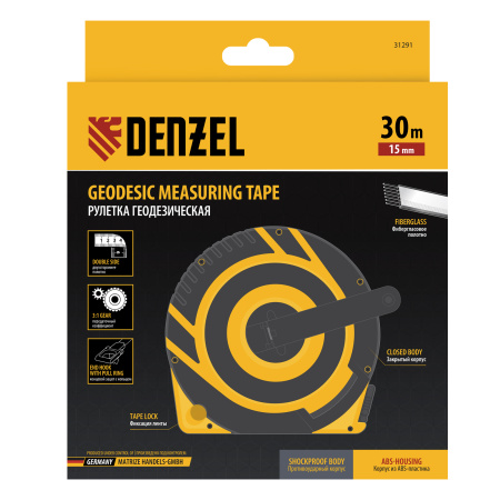 Рулетка геодезическая 30 м х 15 мм, закрытый корпус, фиберглассовая лента Denzel цена
