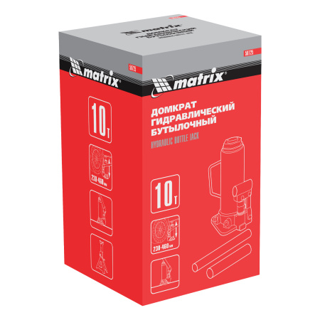 Домкрат гидравлический бутылочный, 10 т, высота подъема 230-460 мм Matrix цена