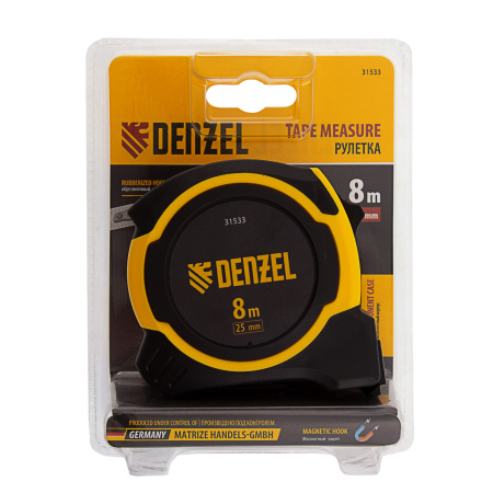 Рулетка 8м х 25мм, двухкомп. корпус, магнитный обрезиненный зацеп Denzel цена