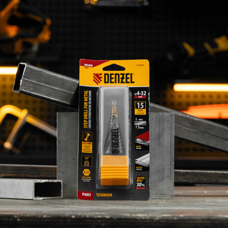 Сверло ступенчатое, 4-6-8-10-12-14-16-18-20-22-24-26-28-30-32 мм, Р6М5, 6-гр. хвостовик Denzel