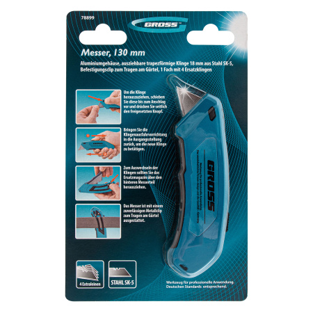 Нож, 130 мм, алюминиевый корпус, выдвижное трапециевидное лезвие 18 мм (SK-5) клипса для ремня, 4 лезвия Gross