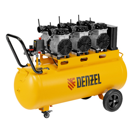 Компрессор безмасляный, малошумный DLS 3300/100, 3300 Вт,3x1100, 100 л, 570 л/мин ,блок управления Denzel