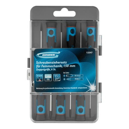 Набор отверток для точной механики, CrMo, двухкомпонентные рукоятки, 6 шт, пластиковый бокс Gross