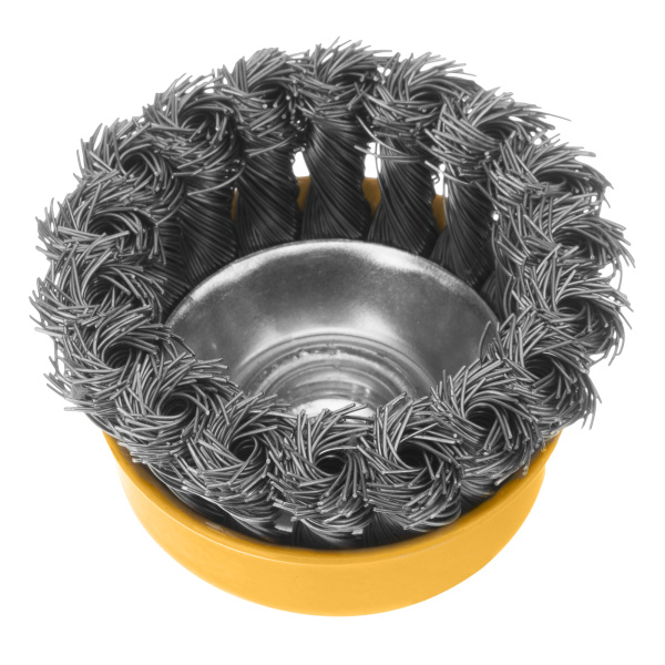 Щетка для УШМ, 75 мм, "Чашка", крученая нержавеющая проволока 0.5 мм, М14 Denzel