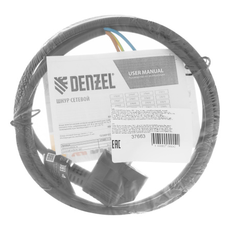 Шнур сетевой Energy Series, ПВС, 1,5 м, 3 x 1 мм, с неразборной вилкой, черный, Denzel цена