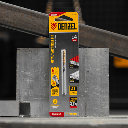 Сверло спиральное по металлу 4 x 75мм, Р6М5, Golden Tip, многогранная заточка Denzel