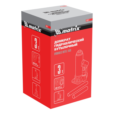 Домкрат гидравлический бутылочный, 3 т, высота подъема 194-372 мм Matrix цена