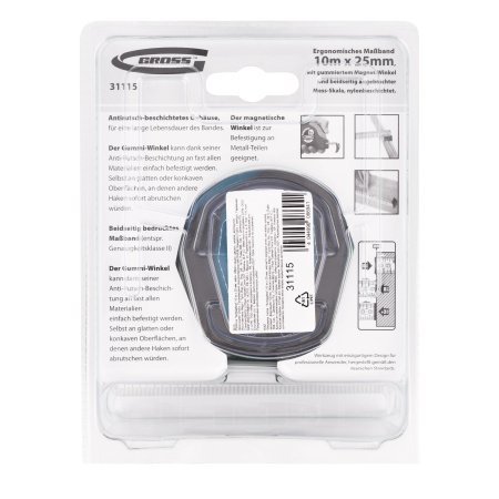 Рулетка "Schlagfest",10 м x 25 мм,магнитный обрезиненный зацеп,двусторонняя шкала,автоматическая фиксация Gross цена