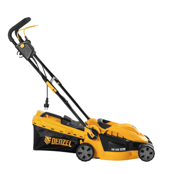 Газонокосилка электрическая GM-1200, 1200 Вт, ширина 32 см, 3 уровня, травосборник 25 л. Denzel цена
