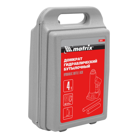 Домкрат гидравлический бутылочный, 4 т, высота подъема 194-372 мм, в пластиковый кейсе Matrix цена