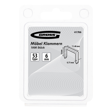 Скобы, 6 мм, для мебельного степлера усиленные, тип 53, 1000 шт Gross цена