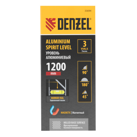 Уровень алюминиевый, магнит, фрезерованный, 3 глазка (1 зеркал.) 0,5 мм/м, 1200 мм Denzel цена