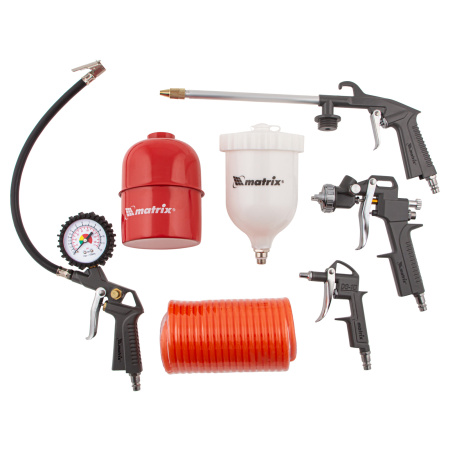 Набор пневмоинструмента, 5 предметов, быстросъемное соединение, краскораспылитель с верхним бачком Matrix цена
