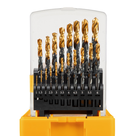 Набор сверл по металлу, 1-10 мм, HSS-Tin, Golden Tip, 19 шт Denzel