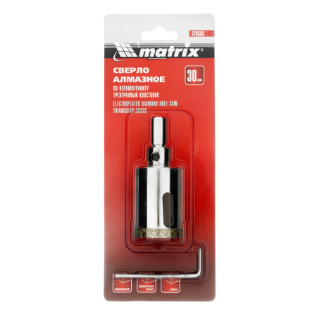 Сверло алмазное по керамограниту, 30 х 67 мм, трехгранный хвостовик Matrix