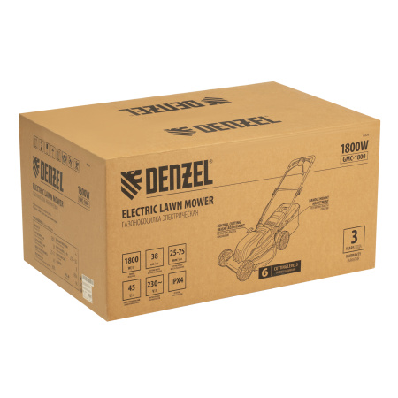 Газонокосилка электрическая GMC-1800, шир. 38см, 1800 Вт, 6 уров., травосб. 35 л Denzel цена