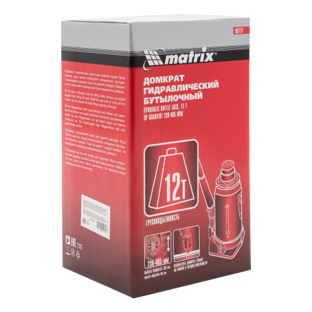 Домкрат гидравлический бутылочный, 12 т, высота подъема 230-465 мм Matrix цена