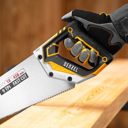 Ножовка по дереву, 450 мм, 9 TPI, зуб 3D, металлопластиковая рукоятка Denzel цена