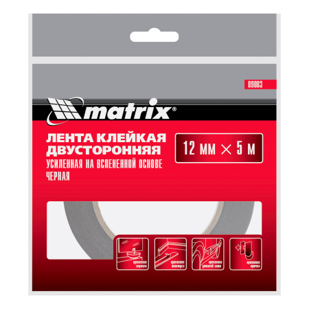 Лента клейкая на вспененной основе, двусторонняя черная усиленная, 12 мм х 5 м Matrix цена