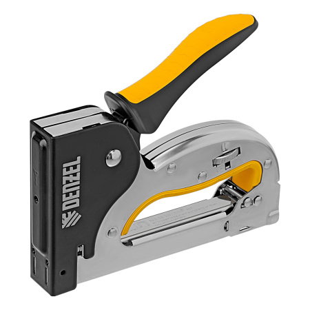 Степлер металл., скобы в комплекте, плавная регулировка удара, 2К рукоятка, тип 53, 4-14 мм Denzel цена