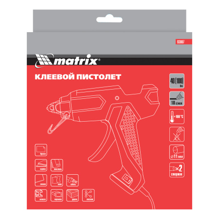 Клеевой пистолет, 11 мм, 40 (100) Вт, 18 г/мин, выключатель и индикатор напряжения Matrix цена