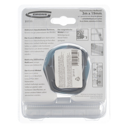 Рулетка "Schlagfest",3 м x 19 мм,магнитный обрезиненный зацеп,двусторонняя шкала,Нейлоновое покрытие,автоматическая фиксация Gross цена