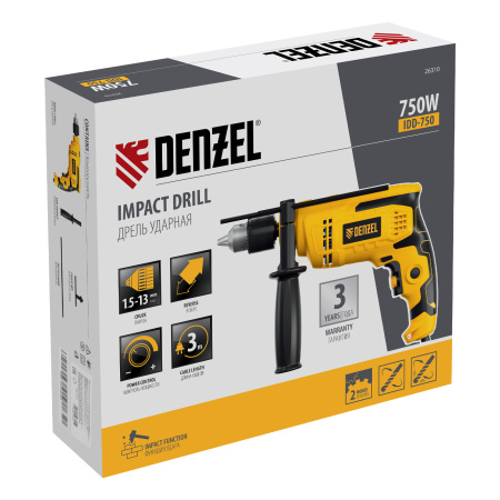 Дрель ударная IDD-750, 750 Вт, 0-3000 об/мин, 48000 уд/мин Denzel