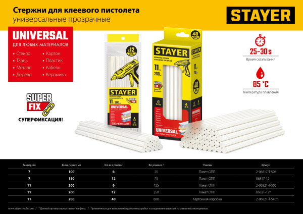 STAYER Universal прозрачные универсальные клеевые стержни, d 11 мм х 200 мм 12 шт. 250 г. 06821-12